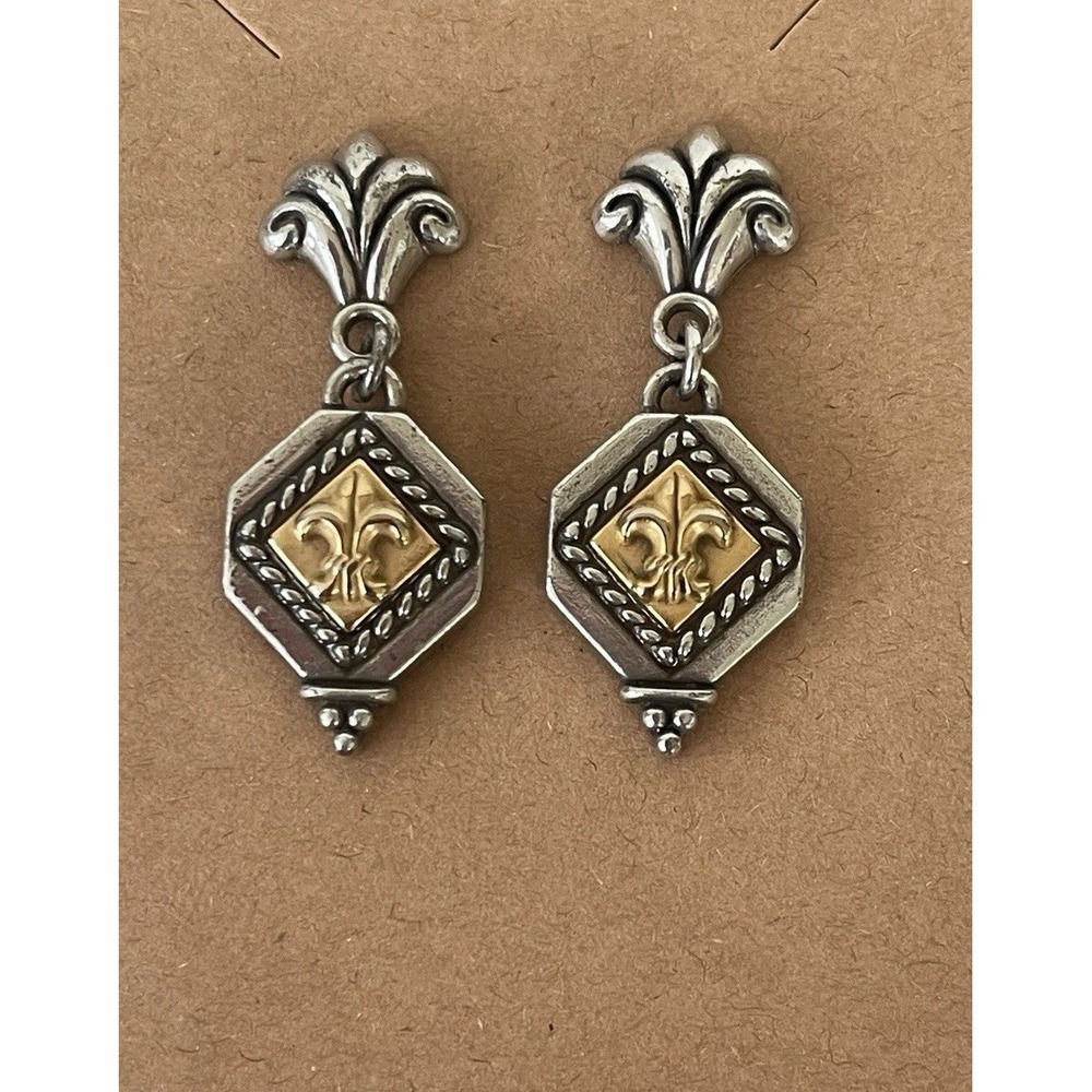 Vintage Brighton Collectibles Retired Two Tone Fleur De Lis Dangle Earrings